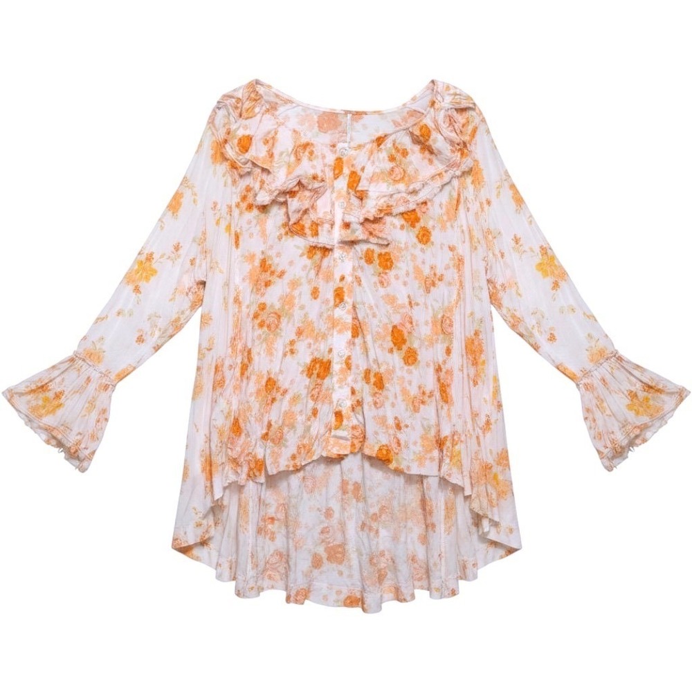 Free People Floral Ruffle Bell Sleeve Tunic White Orange High Low Oversized XS